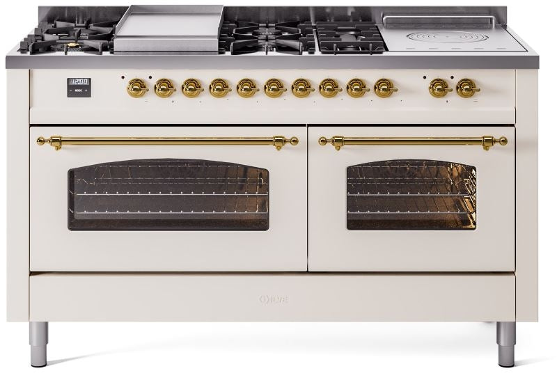 ILVE Nostalgie II 60" Dual Fuel Natural Gas Range in Antique White with Brass Trim, UP60FSNMPAWG