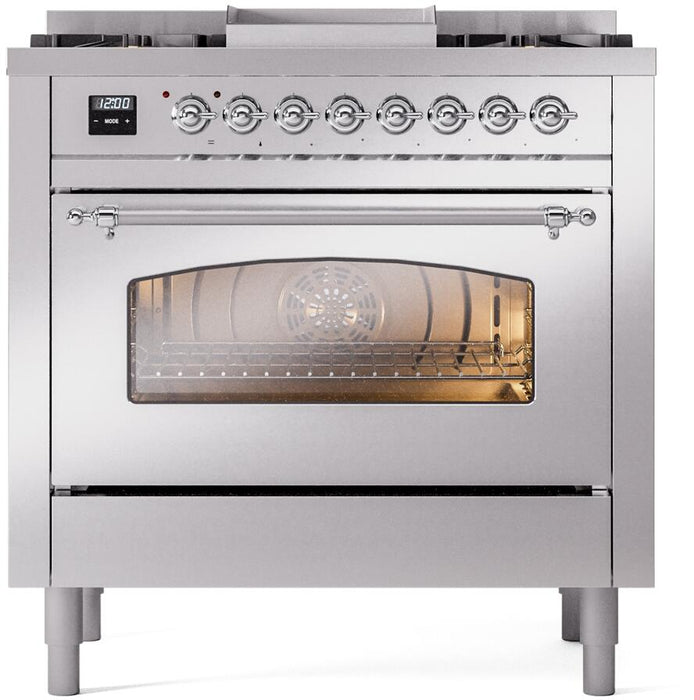 ILVE Nostalgie II 36" Dual Fuel Natural Gas Range in Stainless Steel with Chrome Trim, UP36FNMPSSC