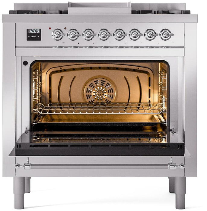 ILVE Nostalgie II 36" Dual Fuel Natural Gas Range in Stainless Steel with Chrome Trim, UP36FNMPSSC