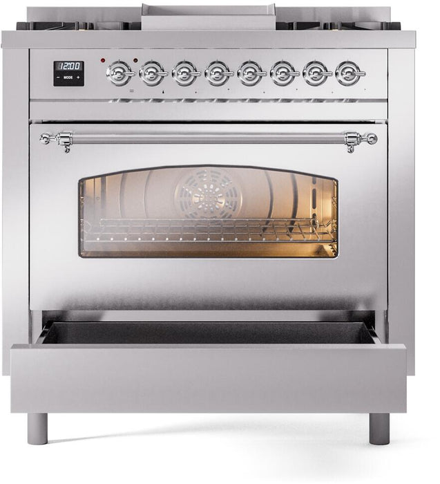 ILVE Nostalgie II 36" Dual Fuel Natural Gas Range in Stainless Steel with Chrome Trim, UP36FNMPSSC