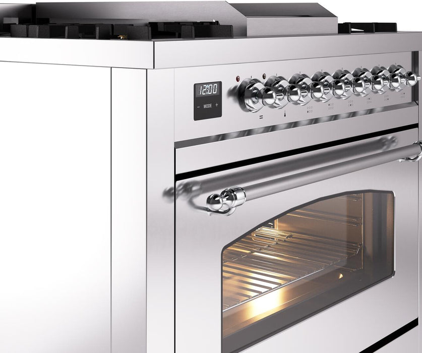 ILVE Nostalgie II 36" Dual Fuel Natural Gas Range in Stainless Steel with Chrome Trim, UP36FNMPSSC