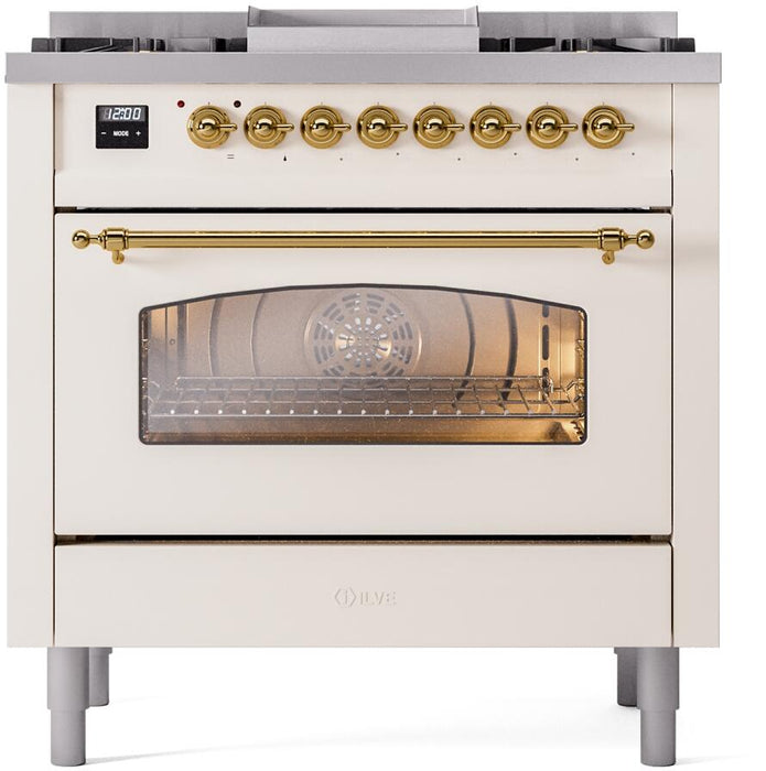 ILVE Nostalgie II 36" Dual Fuel Propane Gas Range in Antique White with Brass Trim, UP36FNMPAWGLP