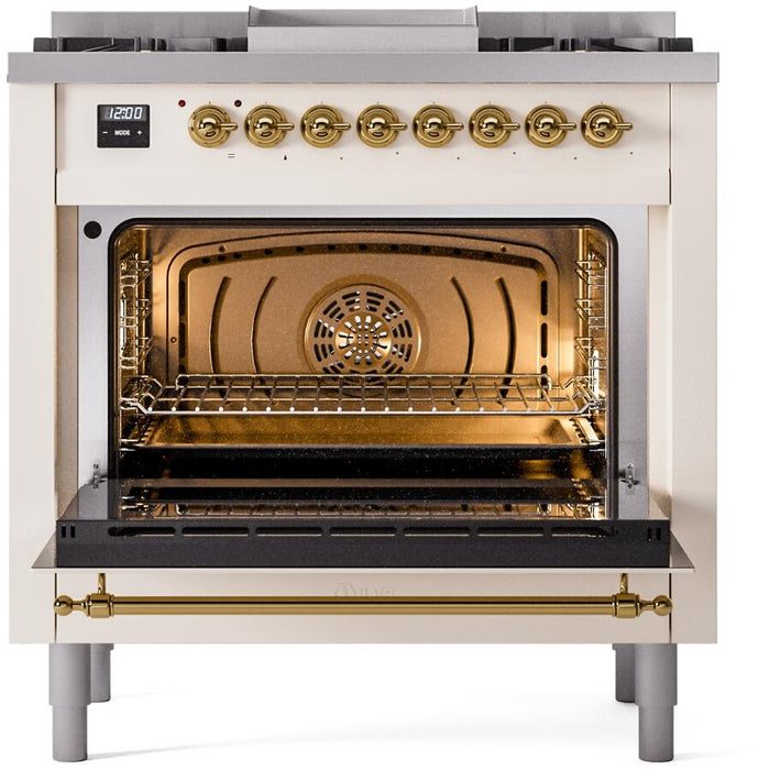 ILVE Nostalgie II 36" Dual Fuel Propane Gas Range in Antique White with Brass Trim, UP36FNMPAWGLP