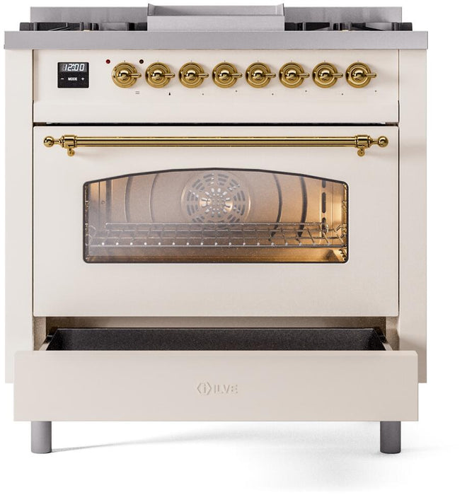 ILVE Nostalgie II 36" Dual Fuel Propane Gas Range in Antique White with Brass Trim, UP36FNMPAWGLP