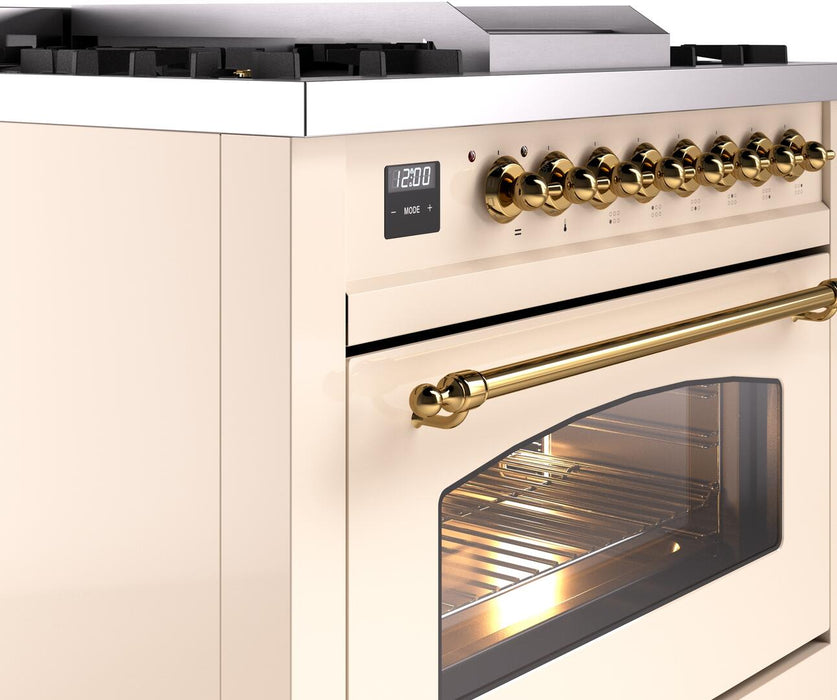 ILVE Nostalgie II 36" Dual Fuel Propane Gas Range in Antique White with Brass Trim, UP36FNMPAWGLP