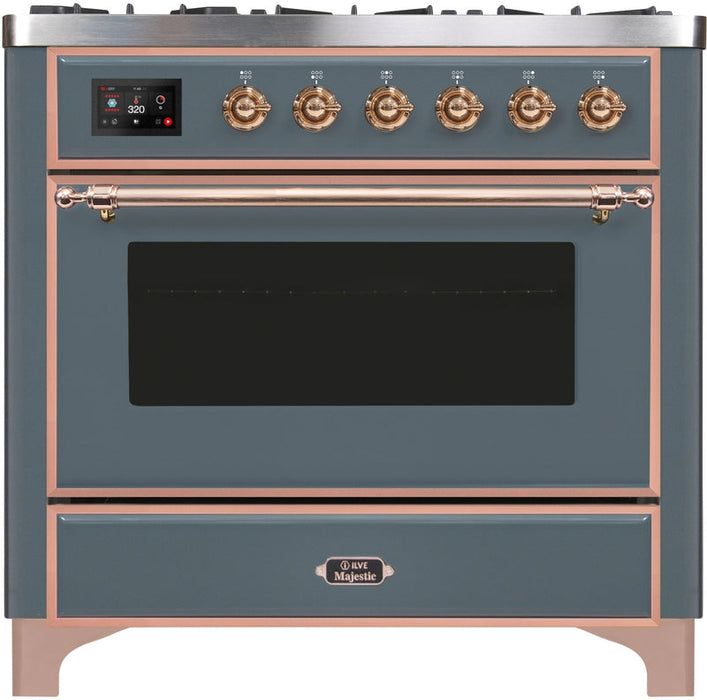 ILVE Majestic II 36" Dual Fuel Propane Gas Range in Blue Grey with Copper Trim, UM09FDNS3BGPLP