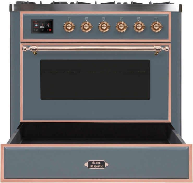 ILVE Majestic II 36" Dual Fuel Propane Gas Range in Blue Grey with Copper Trim, UM09FDNS3BGPLP