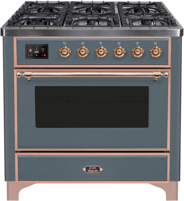 ILVE Majestic II 36" Dual Fuel Propane Gas Range in Blue Grey with Copper Trim, UM09FDNS3BGPLP