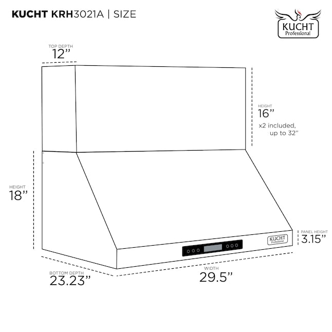 Kucht Professional 30" Wall Mount Range Hood 900 CFM in Stainless Steel, KRH3021A