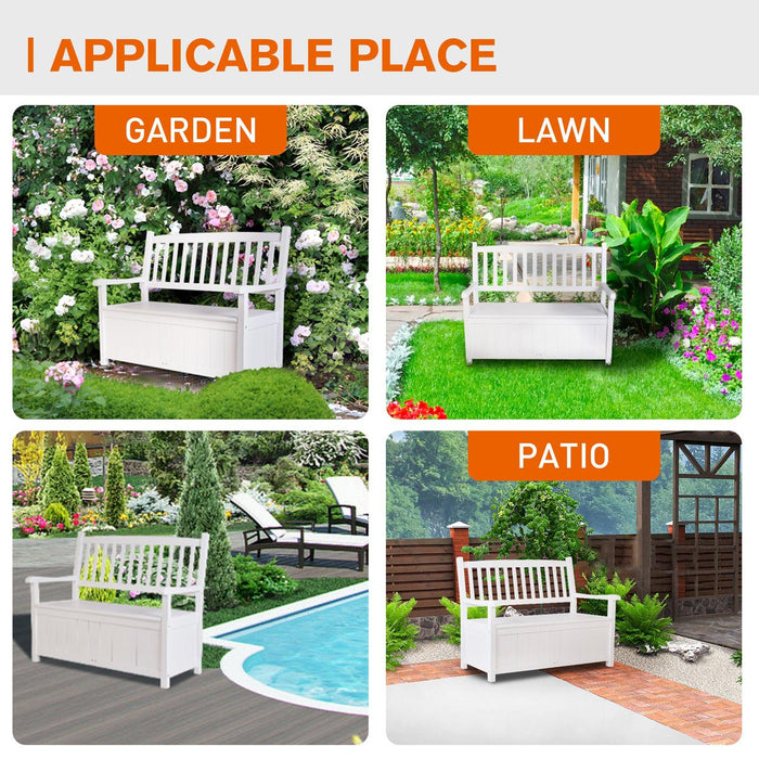 Outdoor Storage Bench Wooden Deck Box Bench Outdoor Seating with Back, White