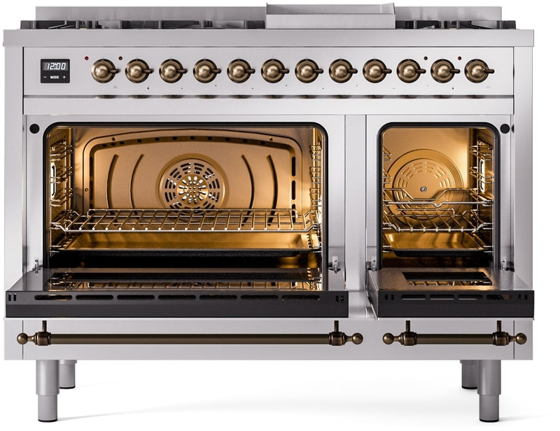 ILVE Nostalgie II 48" Dual Fuel Propane Gas Range in Stainless Steel with Bronze Trim, UP48FNMPSSBLP