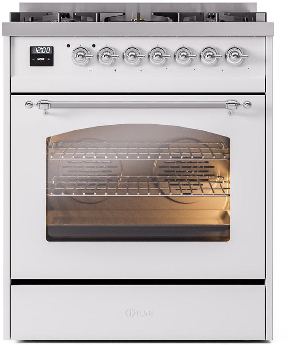 ILVE Nostalgie II 30" Dual Fuel Natural Gas Range in White with Chrome Trim, UP30NMPWHC