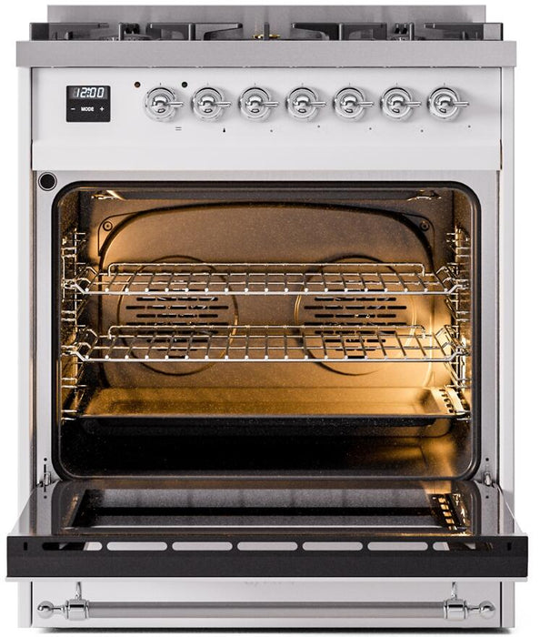 ILVE Nostalgie II 30" Dual Fuel Natural Gas Range in White with Chrome Trim, UP30NMPWHC