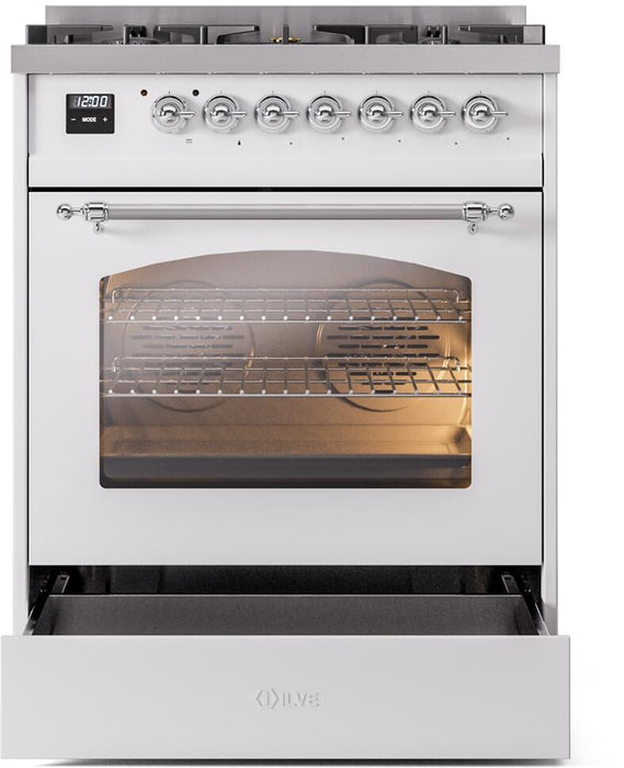 ILVE Nostalgie II 30" Dual Fuel Natural Gas Range in White with Chrome Trim, UP30NMPWHC