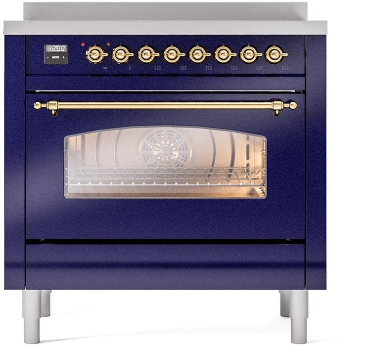 ILVE Nostalgie II 36" Induction Range with Element Stove and Electric Oven in Blue with Brass Trim, UPI366NMPMBG