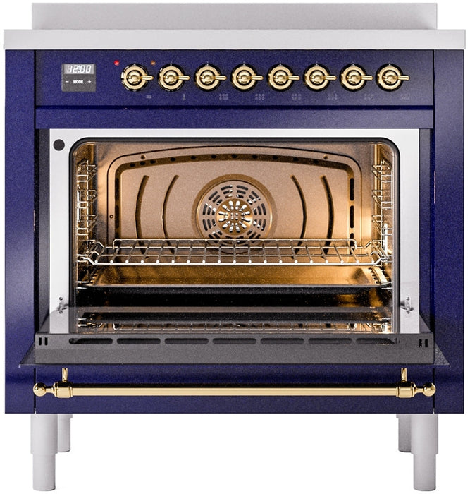 ILVE Nostalgie II 36" Induction Range with Element Stove and Electric Oven in Blue with Brass Trim, UPI366NMPMBG