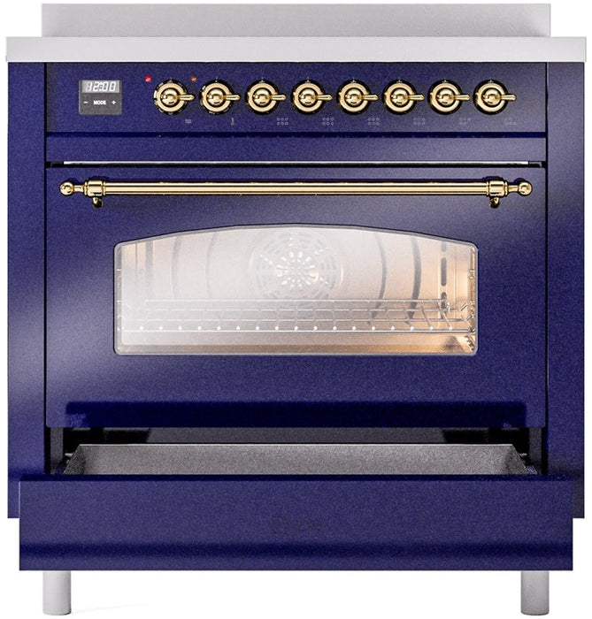 ILVE Nostalgie II 36" Induction Range with Element Stove and Electric Oven in Blue with Brass Trim, UPI366NMPMBG