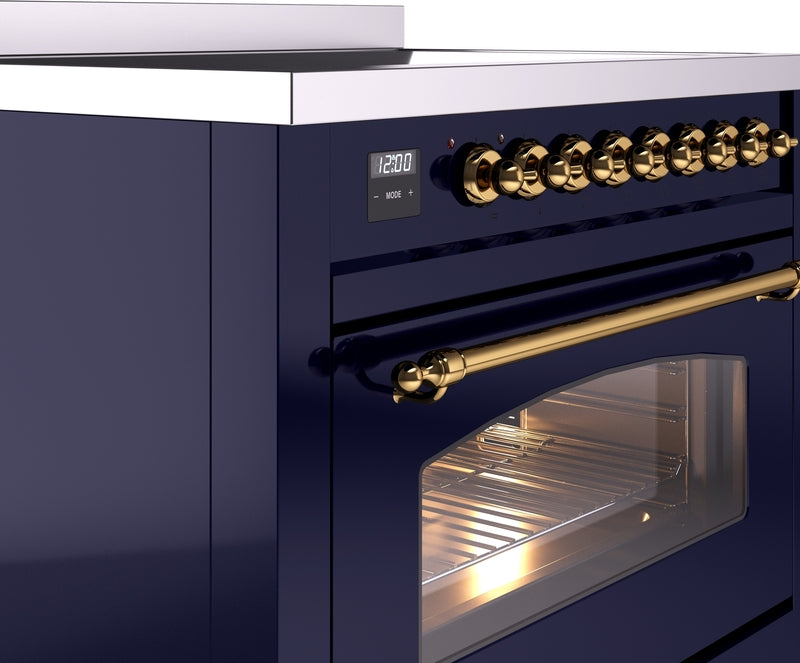 ILVE Nostalgie II 36" Induction Range with Element Stove and Electric Oven in Blue with Brass Trim, UPI366NMPMBG