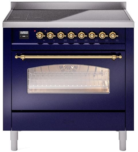 ILVE Nostalgie II 36" Induction Range with Element Stove and Electric Oven in Blue with Brass Trim, UPI366NMPMBG