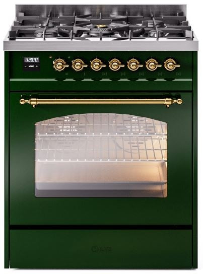 ILVE Nostalgie II 30" Dual Fuel Propane Gas Range in Emerald Green with Brass Trim, UP30NMPEGGLP