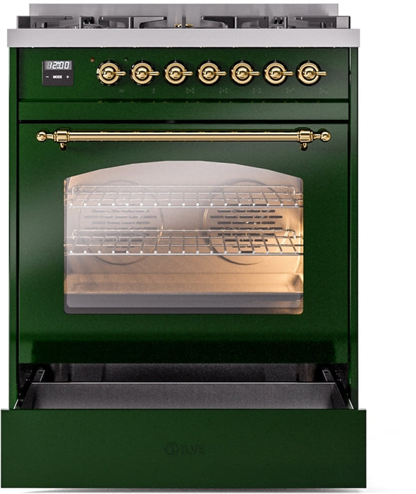 ILVE Nostalgie II 30" Dual Fuel Propane Gas Range in Emerald Green with Brass Trim, UP30NMPEGGLP