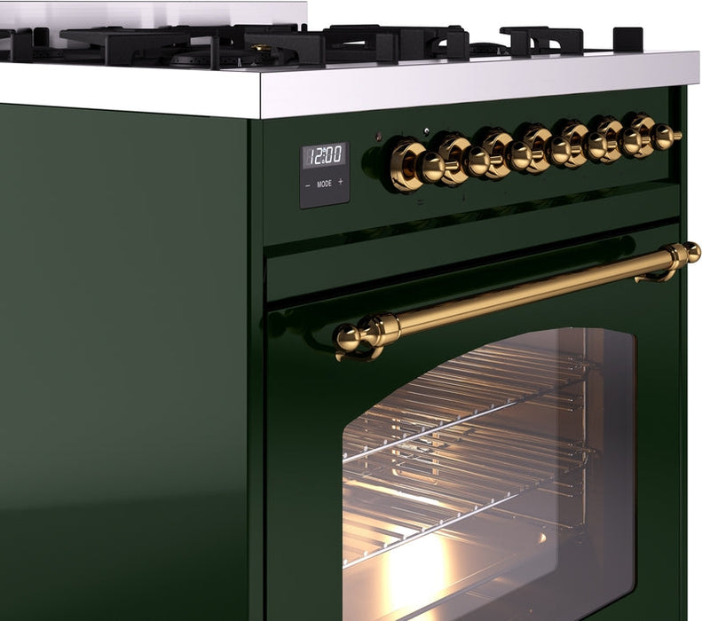 ILVE Nostalgie II 30" Dual Fuel Propane Gas Range in Emerald Green with Brass Trim, UP30NMPEGGLP