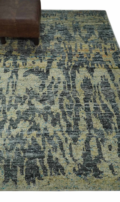 4.5x6.5 Hand Knotted Beige and Charcoal Modern Abstract  Recycled Silk Area Rug