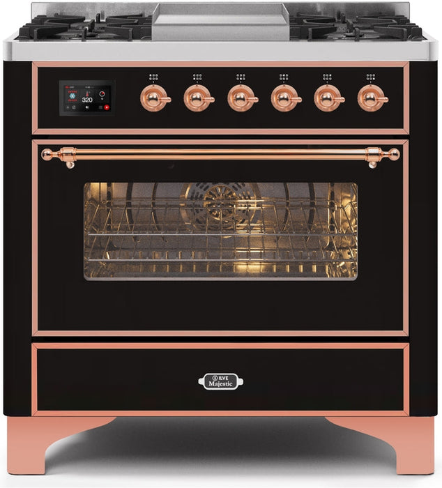 ILVE Majestic II 36" Dual Fuel Propane Gas Range in Glossy Black with Copper Trim, UM09FDNS3BKPLP