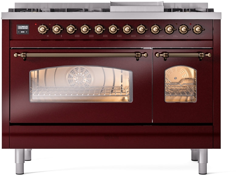 ILVE Nostalgie II 48" Dual Fuel Natural Gas Range in Burgundy with Bronze Trim, UP48FNMPBUB