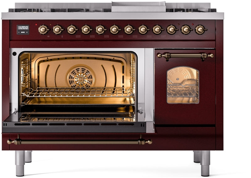 ILVE Nostalgie II 48" Dual Fuel Natural Gas Range in Burgundy with Bronze Trim, UP48FNMPBUB