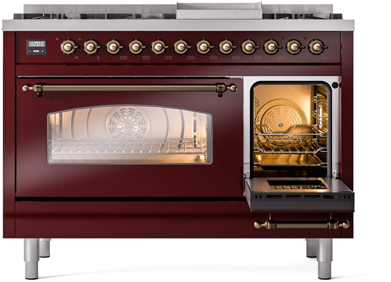 ILVE Nostalgie II 48" Dual Fuel Natural Gas Range in Burgundy with Bronze Trim, UP48FNMPBUB