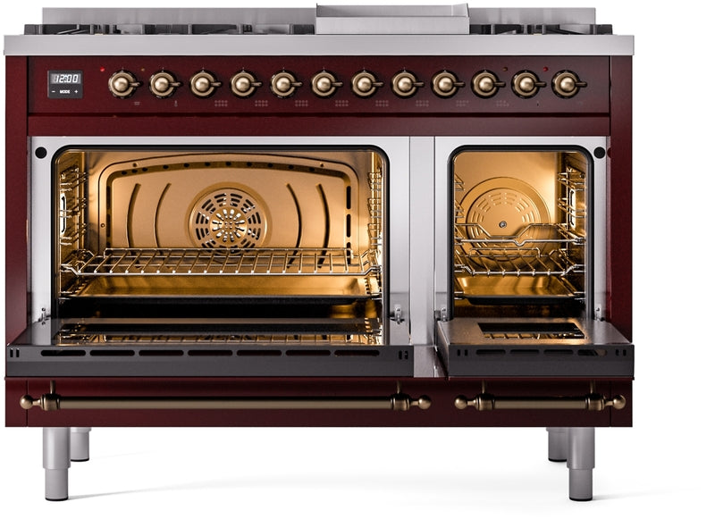 ILVE Nostalgie II 48" Dual Fuel Natural Gas Range in Burgundy with Bronze Trim, UP48FNMPBUB