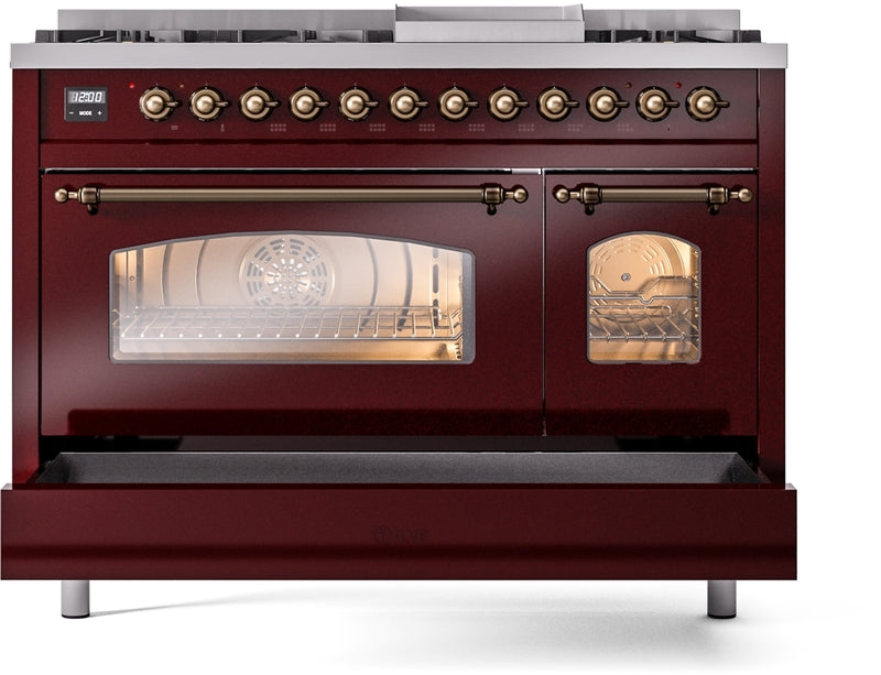 ILVE Nostalgie II 48" Dual Fuel Natural Gas Range in Burgundy with Bronze Trim, UP48FNMPBUB