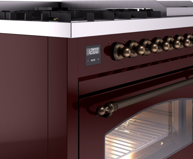 ILVE Nostalgie II 48" Dual Fuel Natural Gas Range in Burgundy with Bronze Trim, UP48FNMPBUB