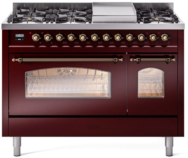 ILVE Nostalgie II 48" Dual Fuel Natural Gas Range in Burgundy with Bronze Trim, UP48FNMPBUB