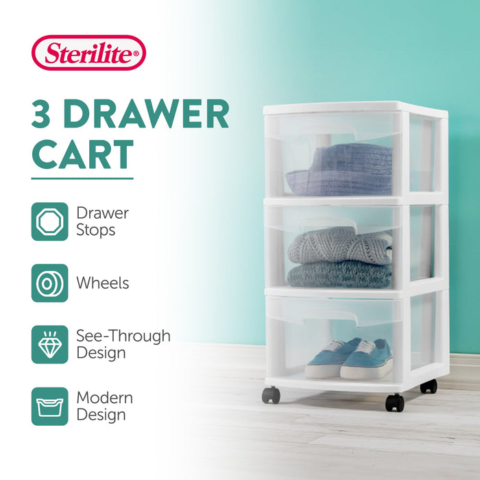 Sterilite 3 Drawer Storage Cart, Plastic Rolling Organizer with Wheels, 2 Pack