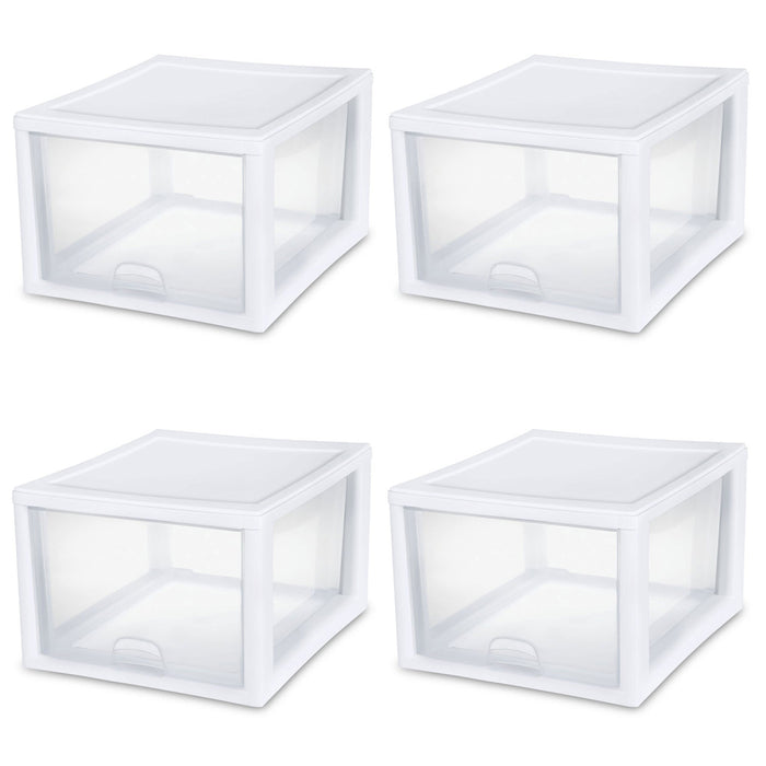 Sterilite 27 Quart Clear & White Plastic Storage Bin with One Drawer, 16 Pack