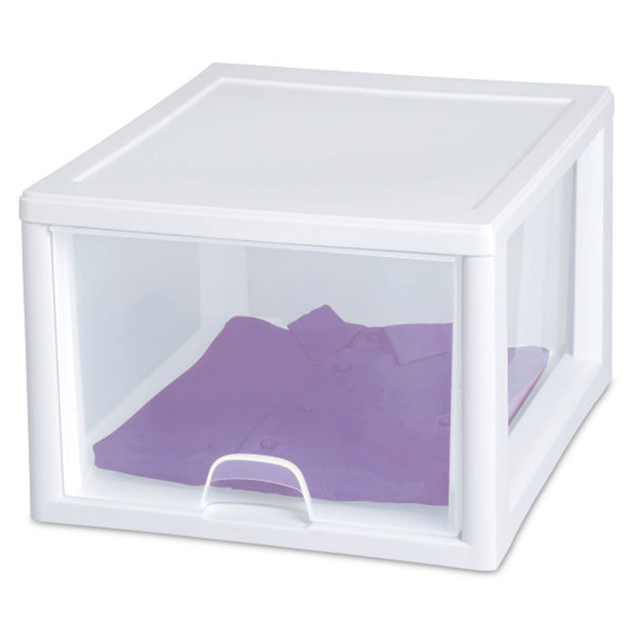 Sterilite 27 Quart Clear & White Plastic Storage Bin with One Drawer, 16 Pack