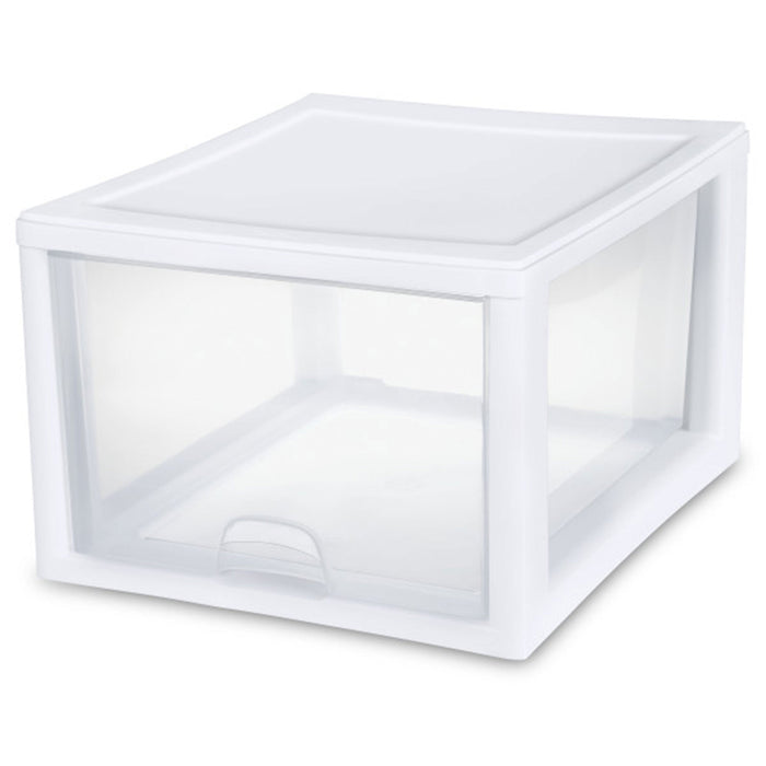 Sterilite 27 Quart Clear & White Plastic Storage Bin with One Drawer, 8 Pack