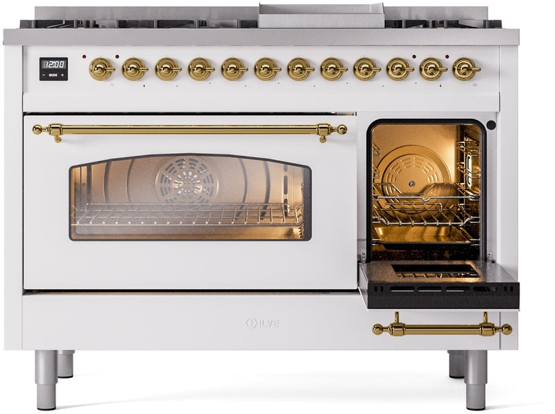 ILVE Nostalgie II 48" Dual Fuel Propane Gas Range in White with Brass Trim, UP48FNMPWHGLP