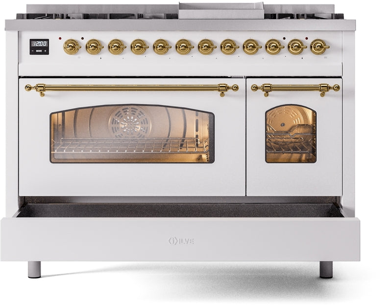 ILVE Nostalgie II 48" Dual Fuel Propane Gas Range in White with Brass Trim, UP48FNMPWHGLP