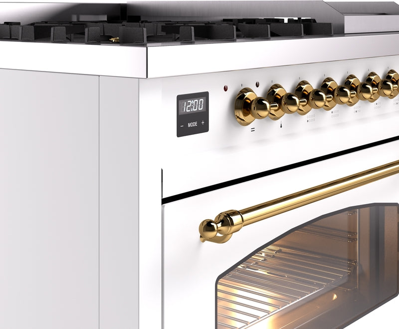 ILVE Nostalgie II 48" Dual Fuel Propane Gas Range in White with Brass Trim, UP48FNMPWHGLP