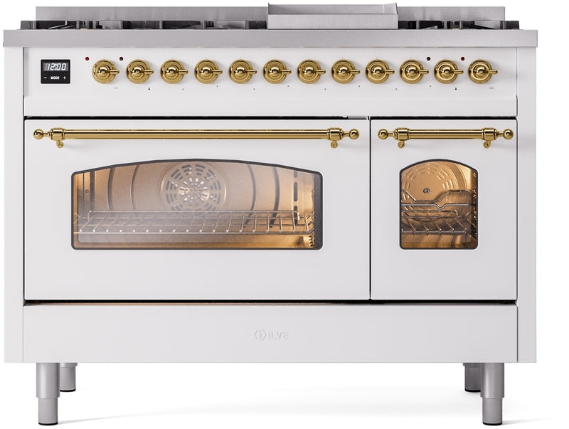 ILVE Nostalgie II 48" Dual Fuel Propane Gas Range in White with Brass Trim, UP48FNMPWHGLP