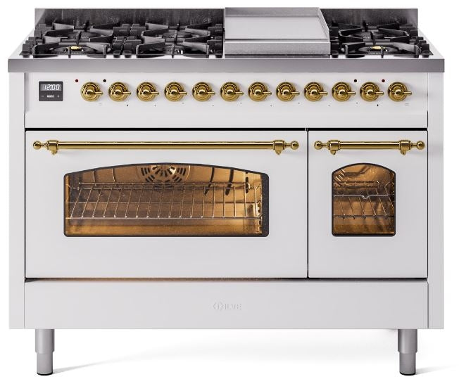 ILVE Nostalgie II 48" Dual Fuel Propane Gas Range in White with Brass Trim, UP48FNMPWHGLP