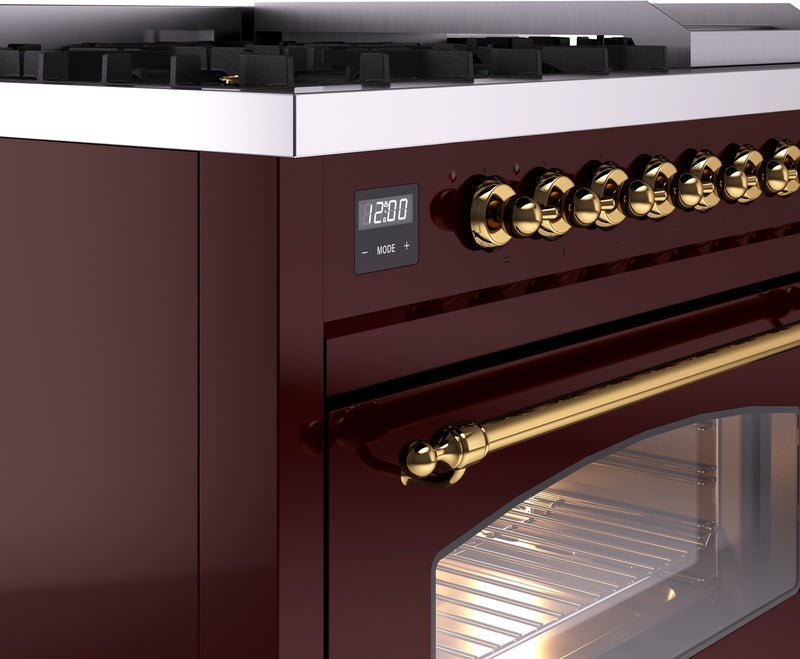 ILVE Nostalgie II 48" Dual Fuel Propane Gas Range in Burgundy with Brass Trim, UP48FNMPBUGLP