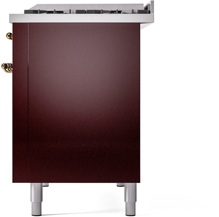 ILVE Nostalgie II 48" Dual Fuel Propane Gas Range in Burgundy with Brass Trim, UP48FNMPBUGLP