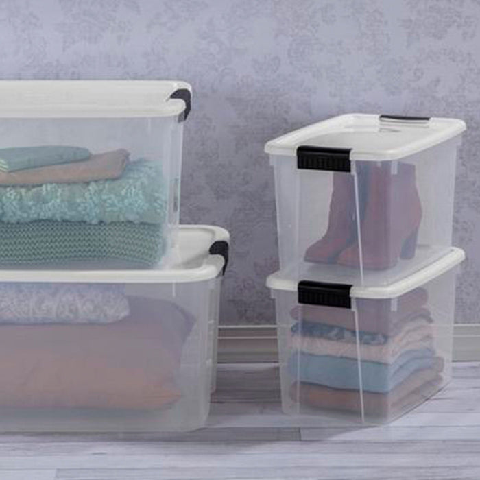 Sterilite 30 Qt Clear Plastic Stackable Storage Bin w/ White Latch Lid, 18 Pack