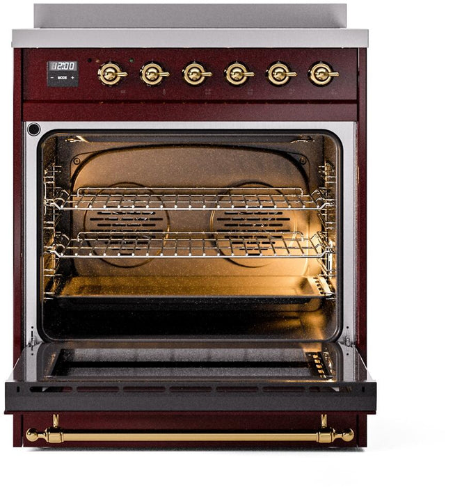 ILVE Nostalgie II 30" Induction Range with Element Stove and Electric Oven in Burgundy with Brass Trim, UPI304NMPBUG