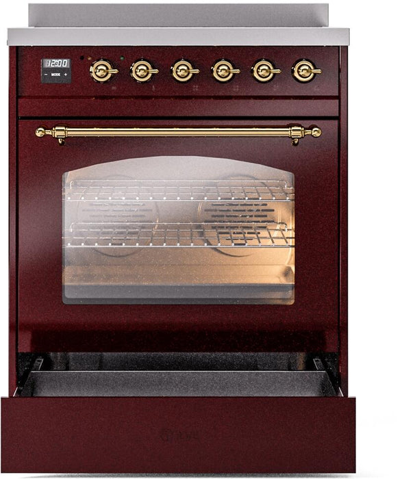 ILVE Nostalgie II 30" Induction Range with Element Stove and Electric Oven in Burgundy with Brass Trim, UPI304NMPBUG