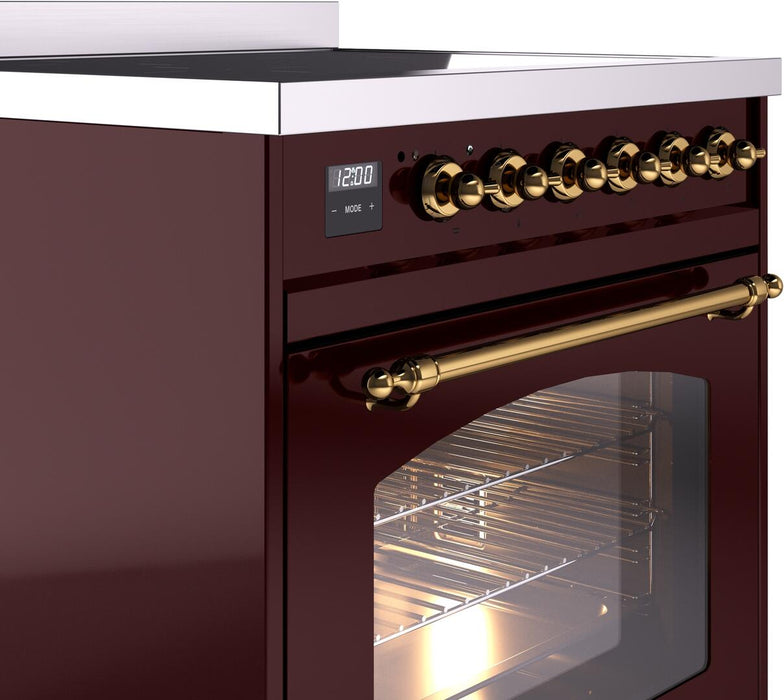 ILVE Nostalgie II 30" Induction Range with Element Stove and Electric Oven in Burgundy with Brass Trim, UPI304NMPBUG